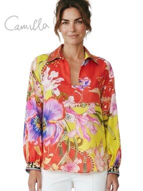 CAMILLA new The Beetles Red Floral V-Neck Embellished Blouse w/ Collar